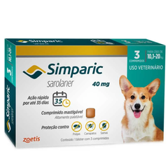 Antipulgas Simparic 40mg Para Cães De 10,1 A 20kg Com 3 Comprimidos Da Zoetis