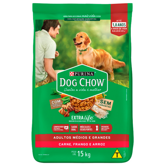 Ração Cão Adulto Raças Médias Dog Chow Sabor Carne, Frango E Arroz 15kg