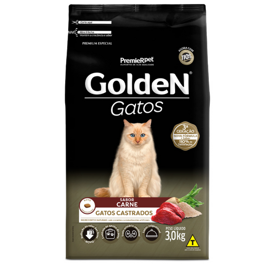 Ração Golden Para Gatos Adultos Castrados Sabor Carne 3kg