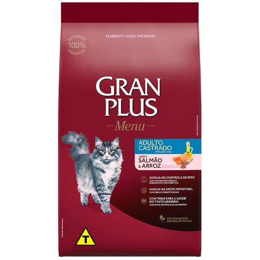 Ração Gran Plus Menu Para Gatos Adultos Castrados Sabor Salmão E Arroz 10 Kg