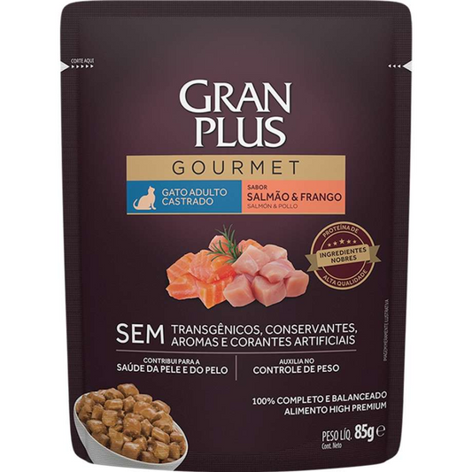 Ração Úmida Granplus Gourmet Sachê Para Gatos Castrados Sabor Salmão & Frango 85gr