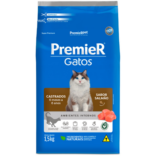 Ração Premier Ambientes Internos Para Gatos Castrados Sabor Salmão 1,5kg
