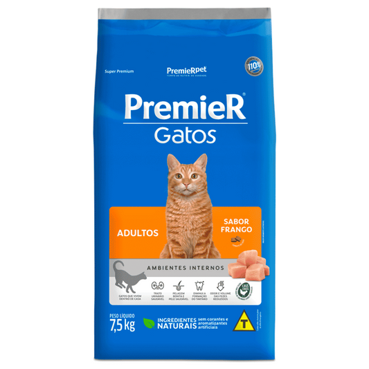 Ração Premier Ambientes Internos Gatos Adultos Frango 7,5 Kg