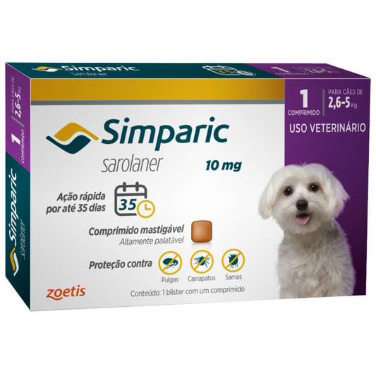 Antipulgas Simparic 10mg Para Cães De 2,6 A 5kg Com 1 Comprimido Da Zoetis