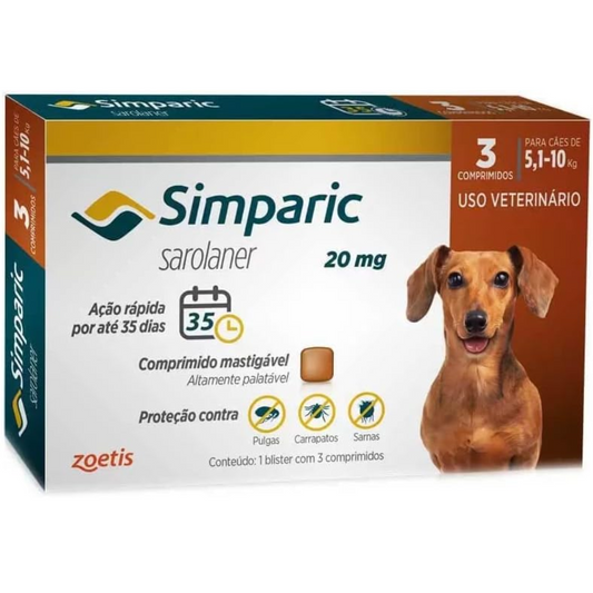 Antipulgas Simparic 20mg Para Cães De 5,1 A 10kg Com 3 Comprimidos Da Zoetis