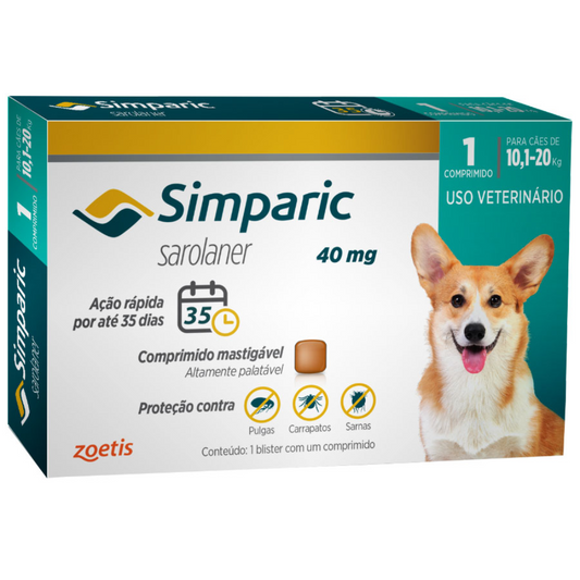 Antipulgas Simparic 40mg Para Cães De 10,1 A 20kg Com 1 Comprimido Da Zoetis