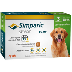 Antipulgas Simparic 80mg Para Cães De 20,1 A 40kg Com 3 Comprimidos Da Zoetis