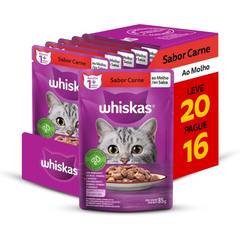 Ração Úmida Whiskas Sachê Promocional Leve 20 Pague 16 Sabor Carne Ao Molho Para Gatos Adultos 85gr
