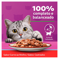 Ração Úmida Whiskas Sachê Sabor Carne Ao Molho Para Gatos Castrados 85gr
